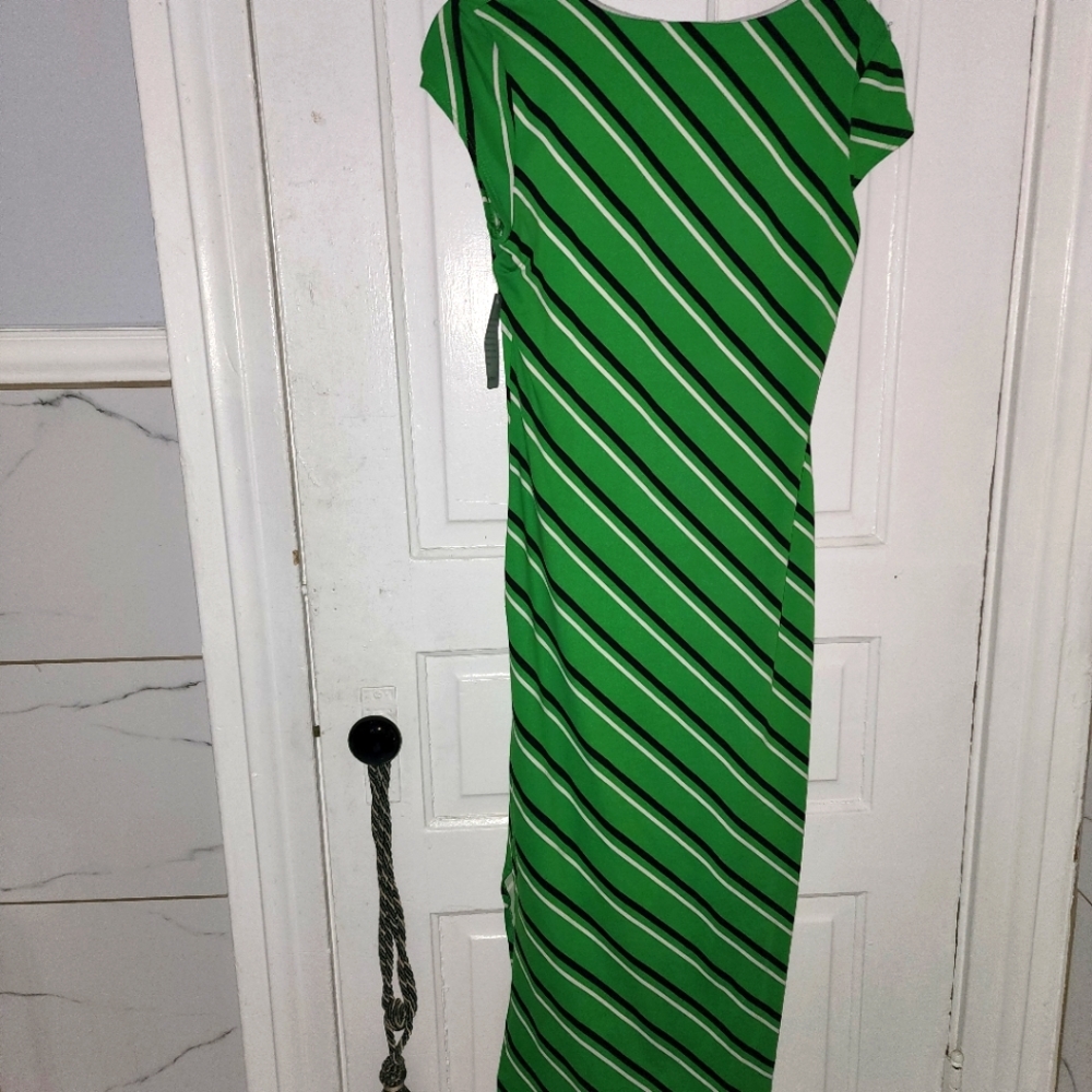 NWT Green midi dress with side slit on one side. Black & white stripes. Lined.